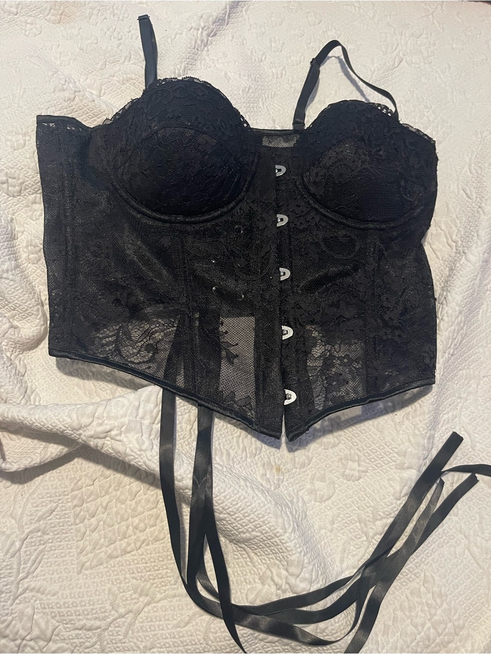 Black Lace Bustier Corset Top - Women Intimates 32C Padded Underwire